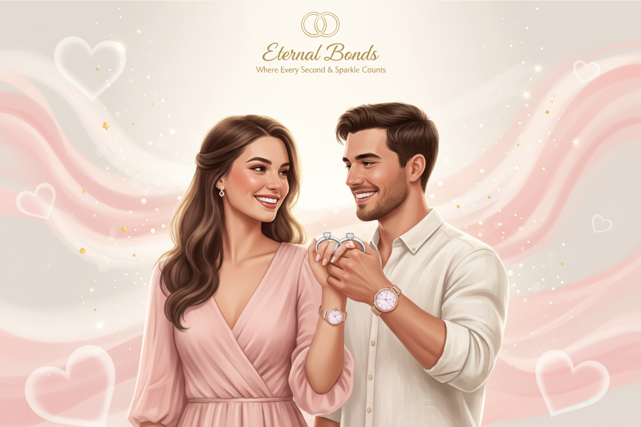 “A cute and romantic banner for an online store that sells couple rings and matching watches. Show a happy couple smiling and holding hands, wearing matching rings and watches. The background should be soft pastel pink or light beige with hearts, sparkles, and a dreamy atmosphere. Include warm, soft lighting and a gentle glow for a romantic vibe. Add space at the top or center for the store name and slogan text. High quality, realistic but slightly dreamy style, 16:9 aspect ratio.”