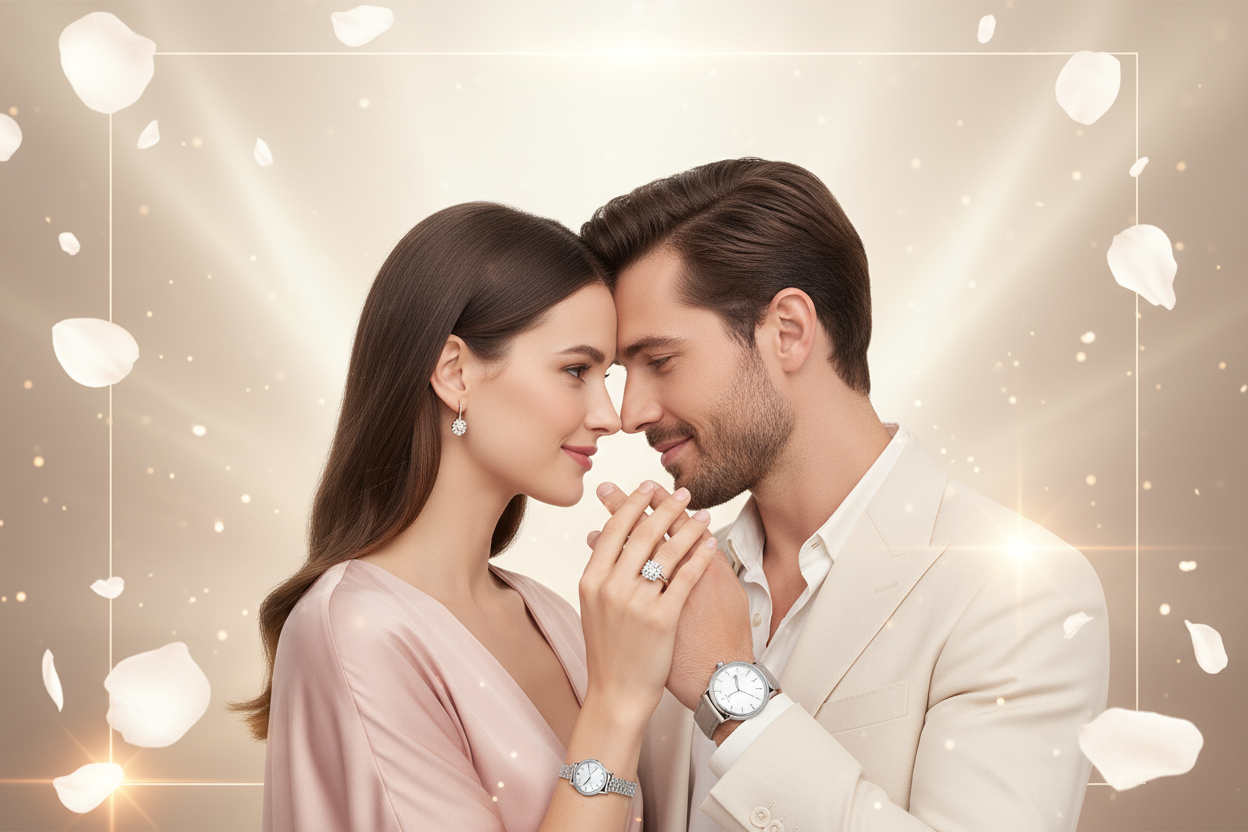 “A luxurious and romantic banner for an online store selling premium couple rings and watches. Show an elegant couple leaning close, smiling softly, their hands intertwined to display matching diamond or gold rings and stylish timepieces. Use a softly glowing background of champagne gold, blush pink, and ivory tones with floating petals, subtle sparkles, and warm light reflections. Add a soft romantic glow with gentle lens flares to evoke sophistication and intimacy. Leave clear space at the top center for 